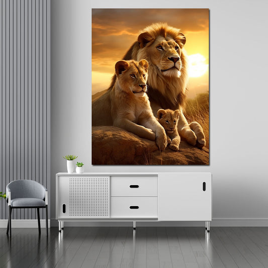 Quadro Africa tramonto famiglia di leoni
