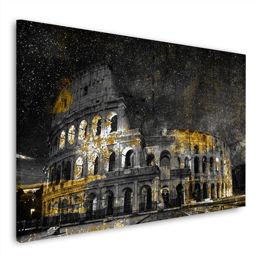 Quadro Colosseo di notte con accenti dorati e atmosfera moderna