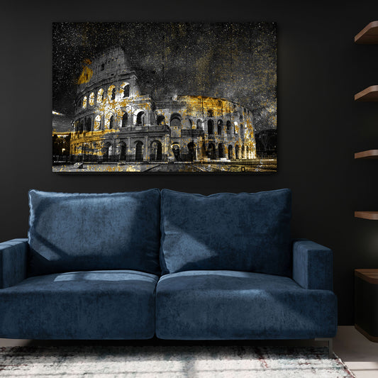 Quadro Colosseo di notte con accenti dorati e atmosfera moderna