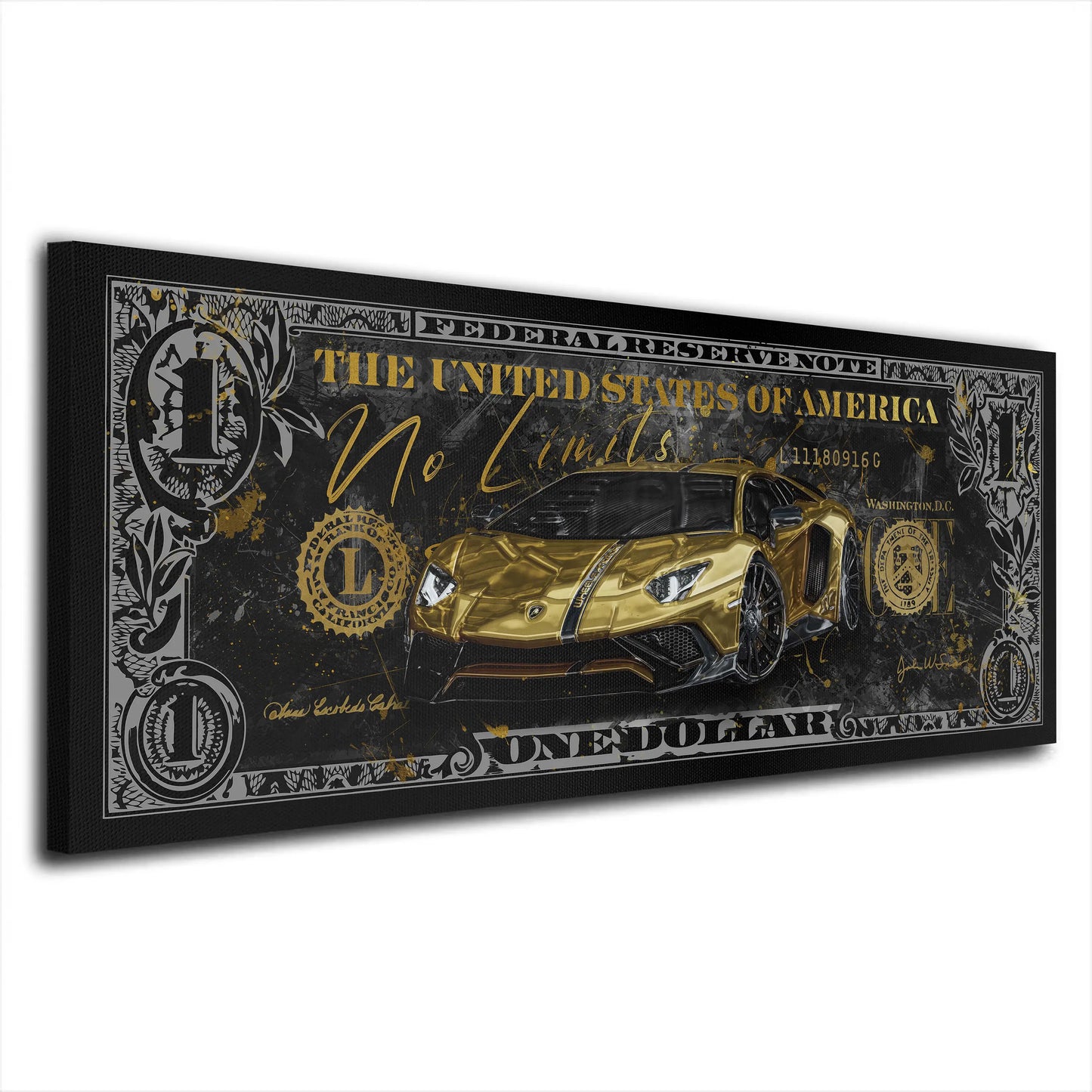 Quadro stampa su tela Dollaro Lamborghini No Limits, Pop Art