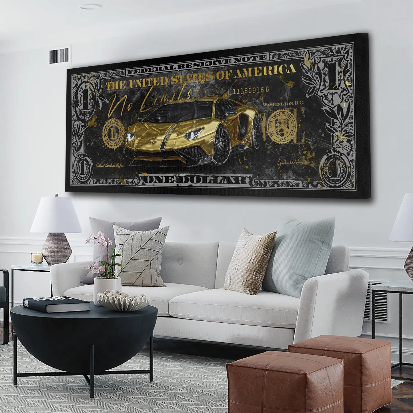 Quadro stampa su tela Dollaro Lamborghini No Limits, Pop Art