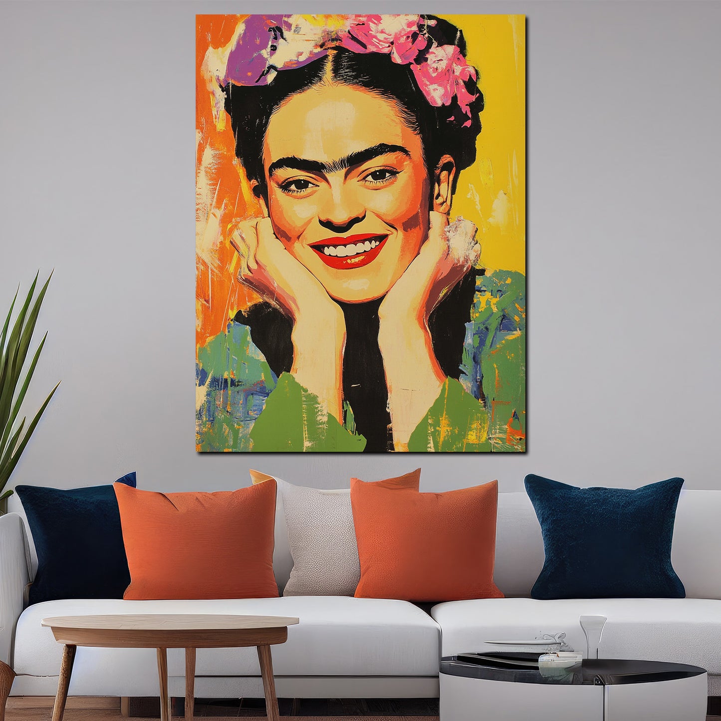 Quadro Frida sorridente con fiori e sfondo giallo