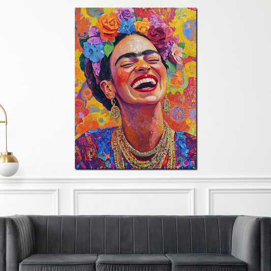 Quadro Frida sorridente con fiori e sfondo giallo