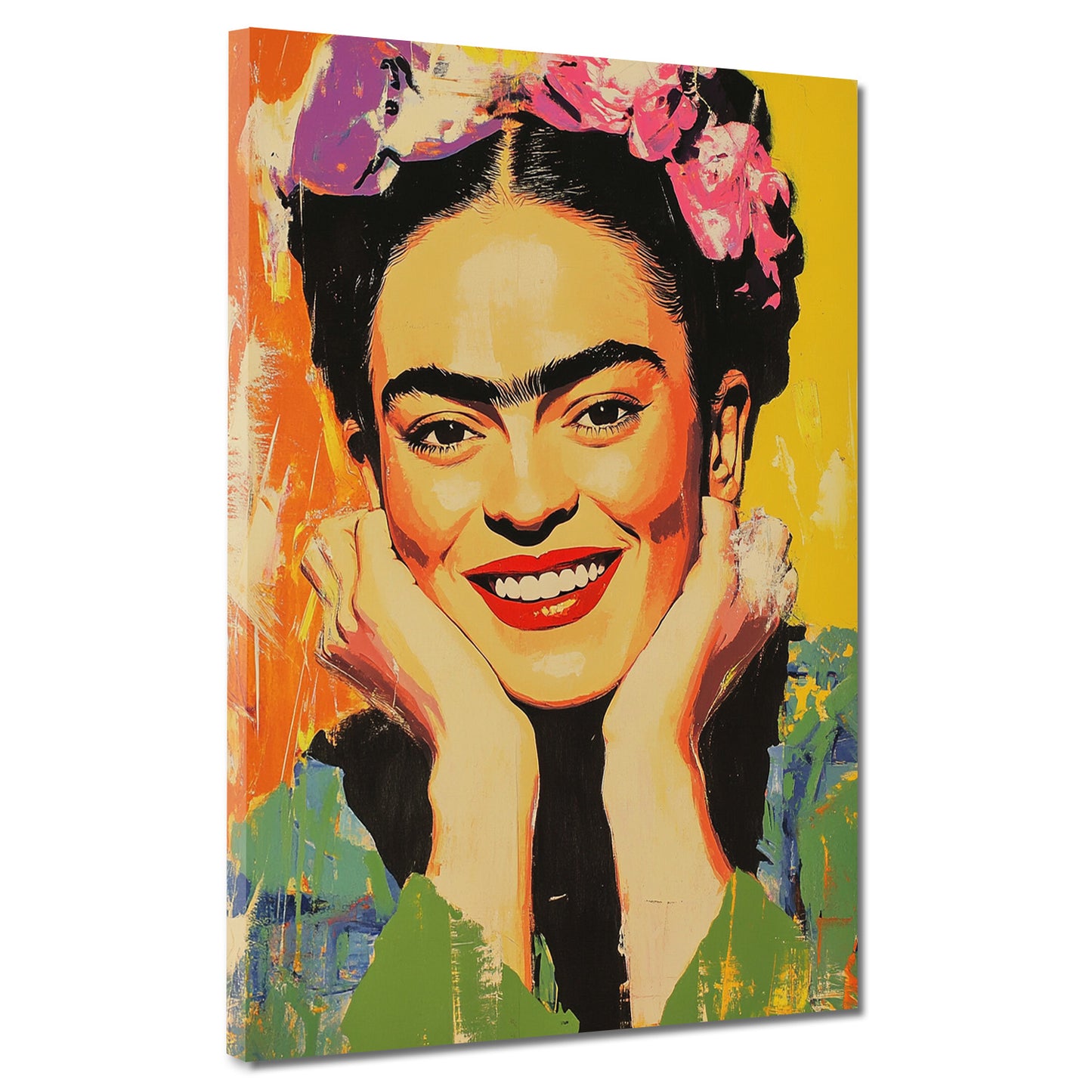 Quadro Frida sorridente con fiori e sfondo giallo