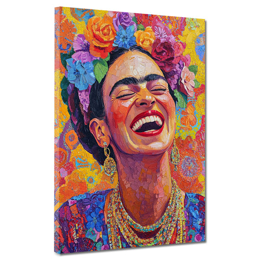 Quadro Frida sorridente con fiori e sfondo giallo