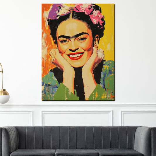 Quadro Frida sorridente con fiori e sfondo giallo