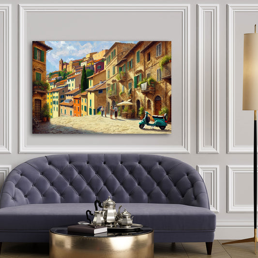 Quadro Italia Toscana villaggio pittoresco con case e Vespa