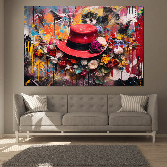 Quadro astratto cappello rosso con fiori colour style