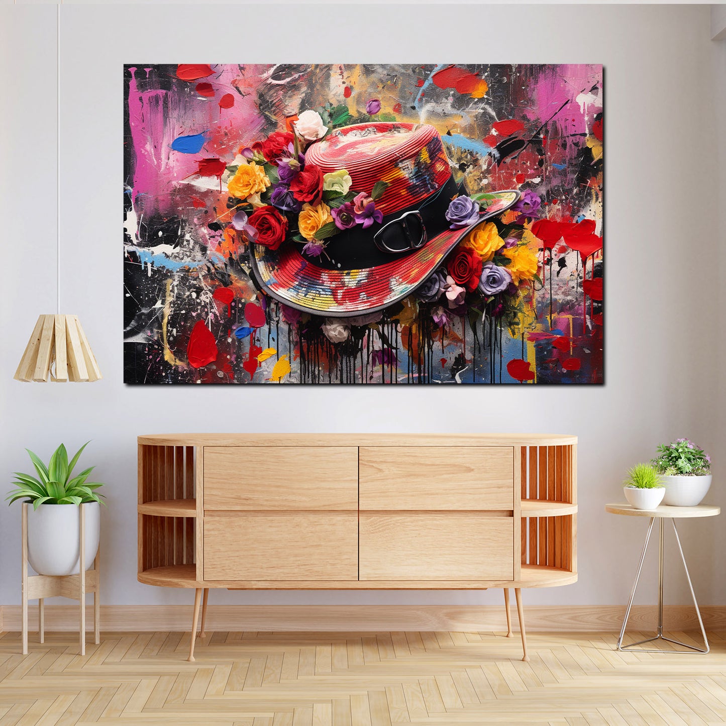 Quadro astratto cappello rosso con fiori