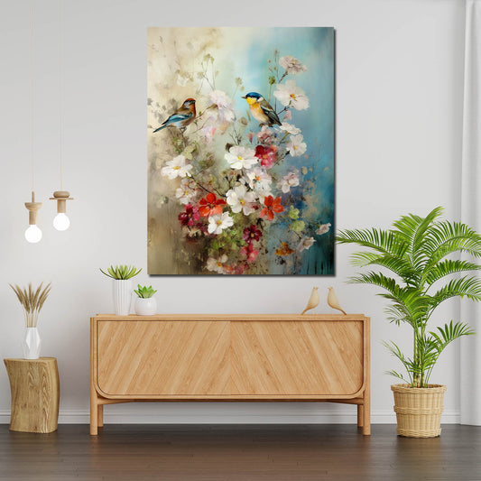 Quadro astratto fiori con uccelli