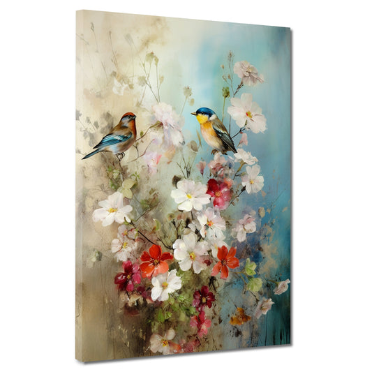 Quadro astratto fiori con uccelli