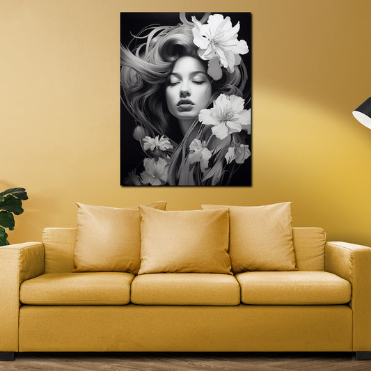 Quadro artwork astratto bella donna bianco nero con fiori