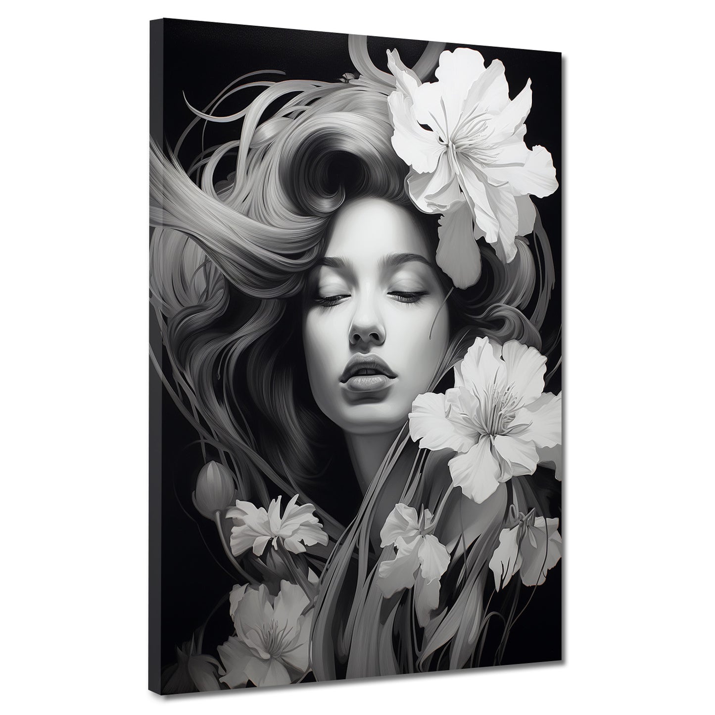 Quadro artwork astratto bella donna bianco nero con fiori