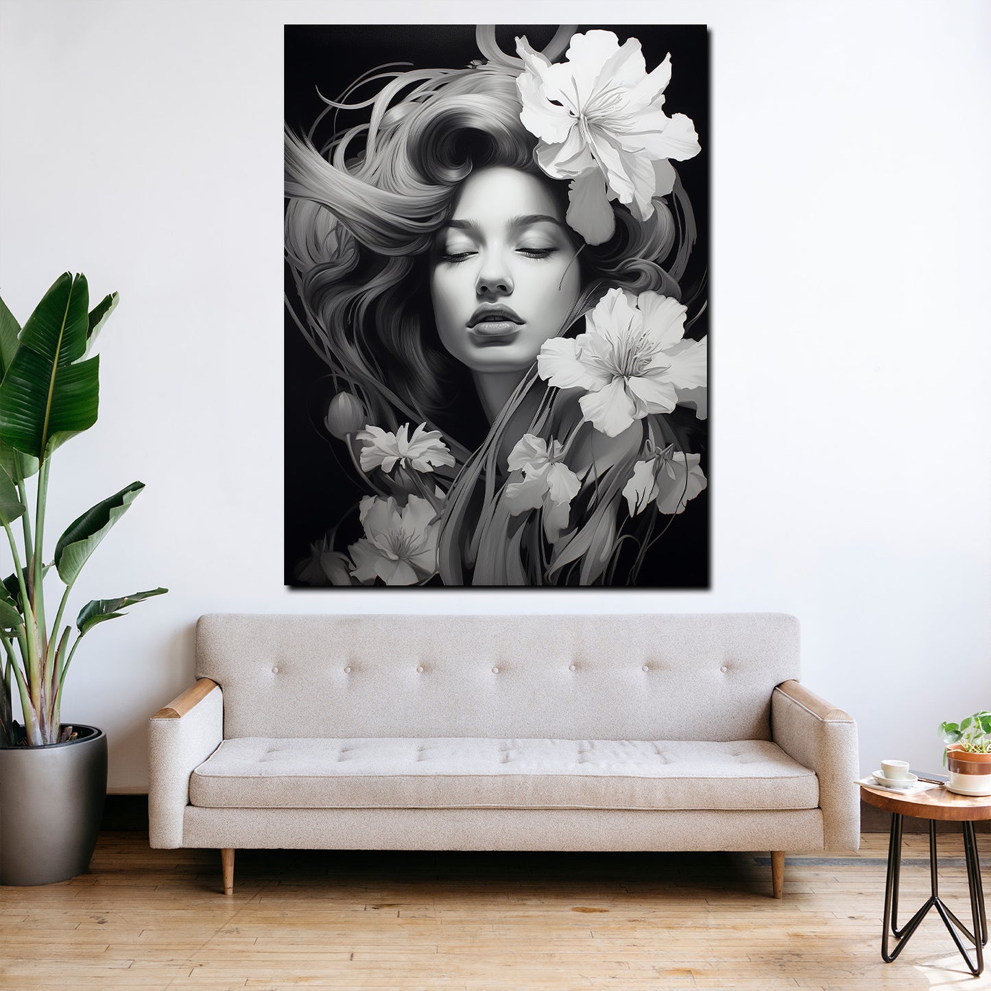 Quadro artwork astratto bella donna bianco nero con fiori