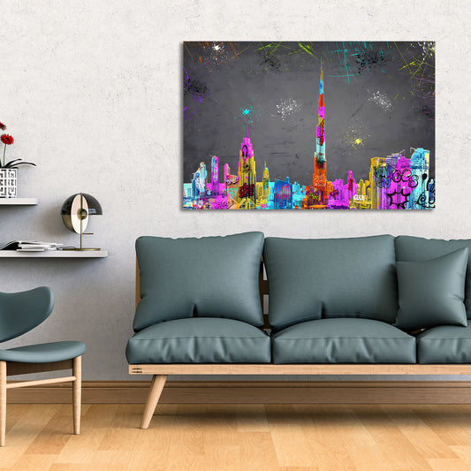 Quadro astratto skyline di Dubai con graffiti e street art