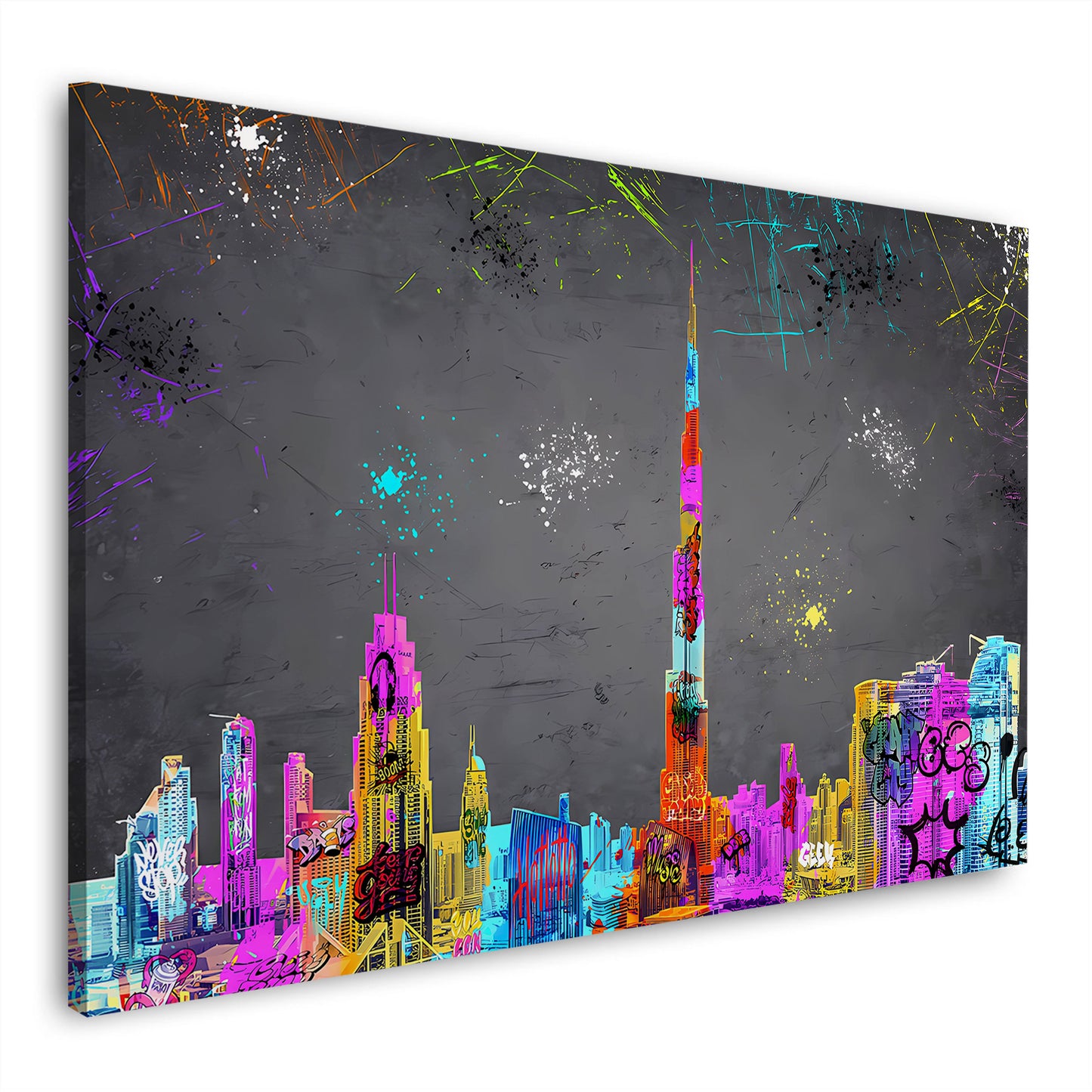 Quadro astratto skyline di Dubai con graffiti e street art