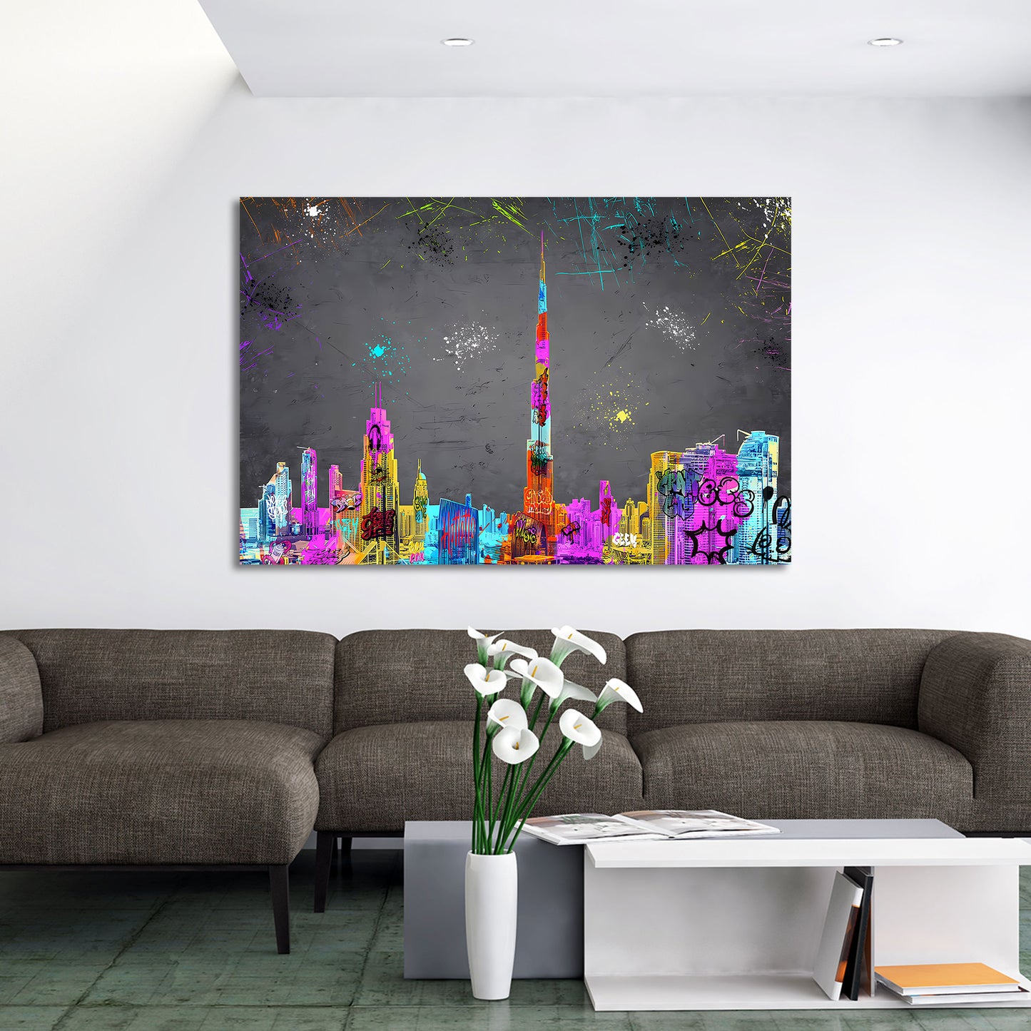 Quadro astratto skyline di Dubai con graffiti e street art