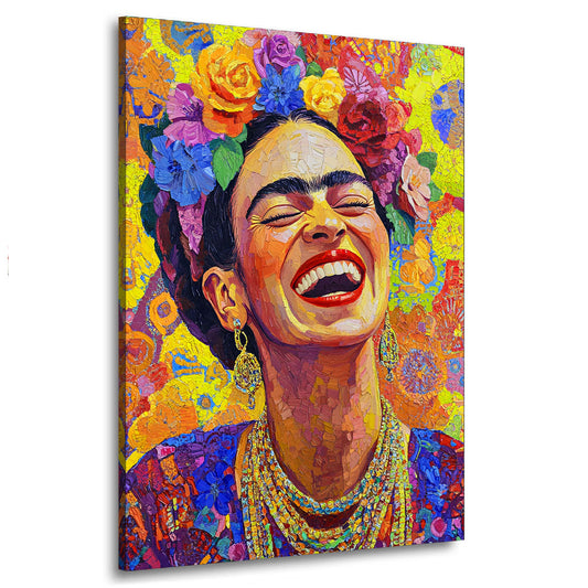 Quadro astratto Frida con fiori e sorriso in stile Pop Art