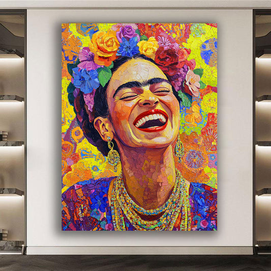 Quadro astratto Frida con fiori e sorriso in stile Pop Art