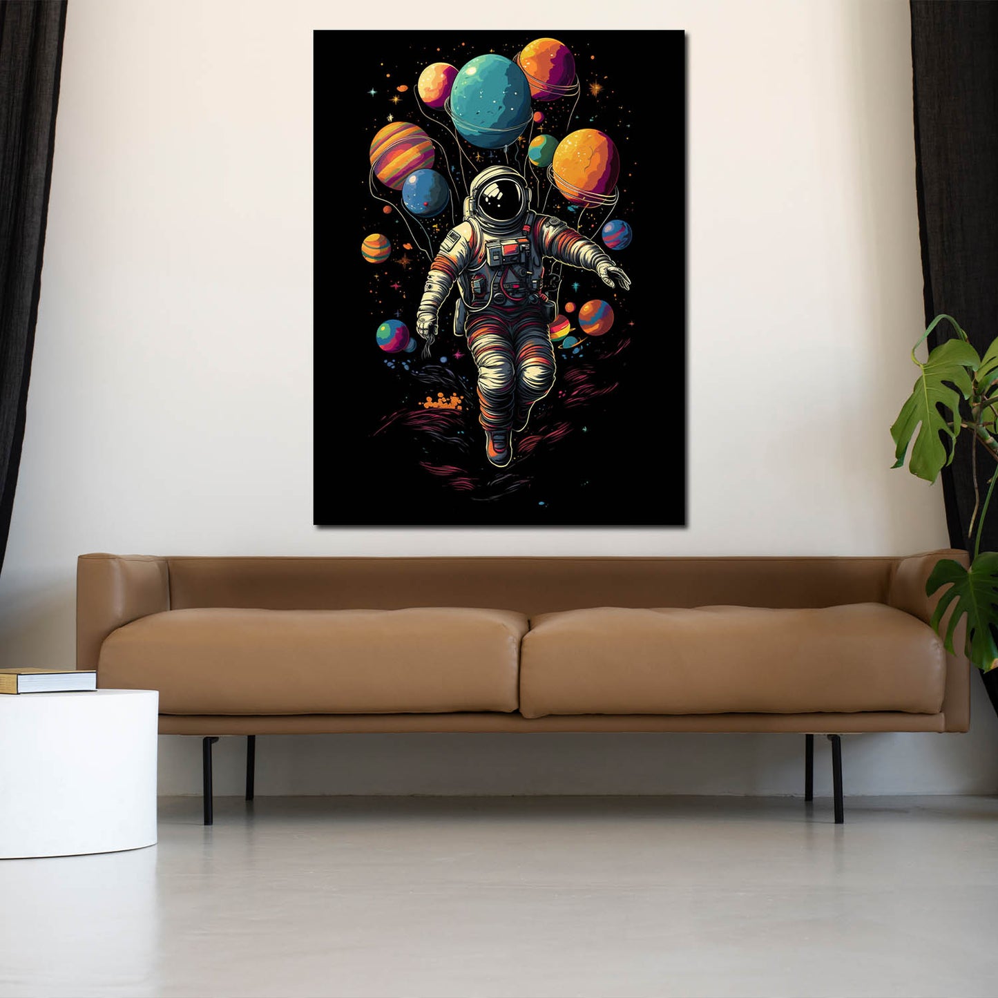 Quadro astratto austronauta pianeti palloncini