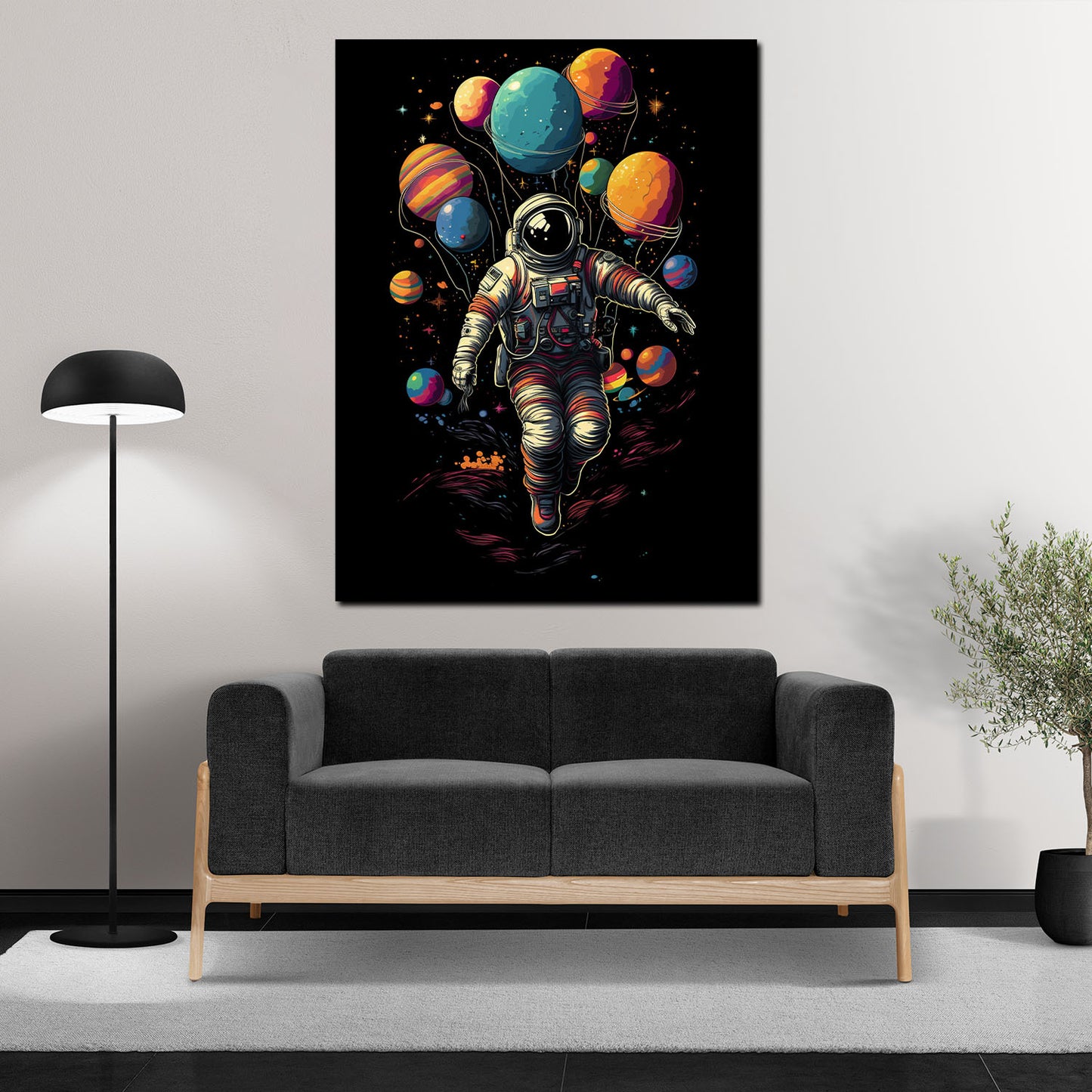 Quadro astratto austronauta pianeti palloncini