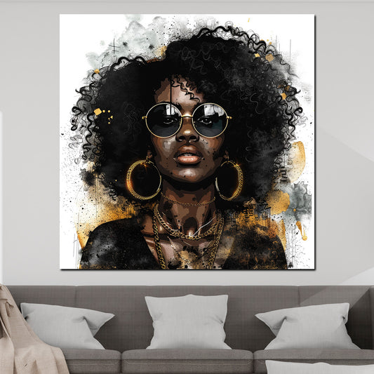 Quadro astratto donna con afro e occhiali da sole