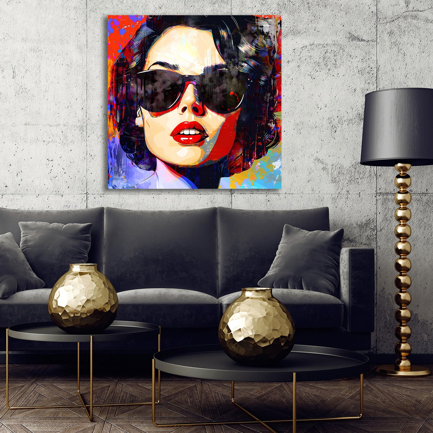 Quadro astratto donna con occhiali da sole stile Pop Art