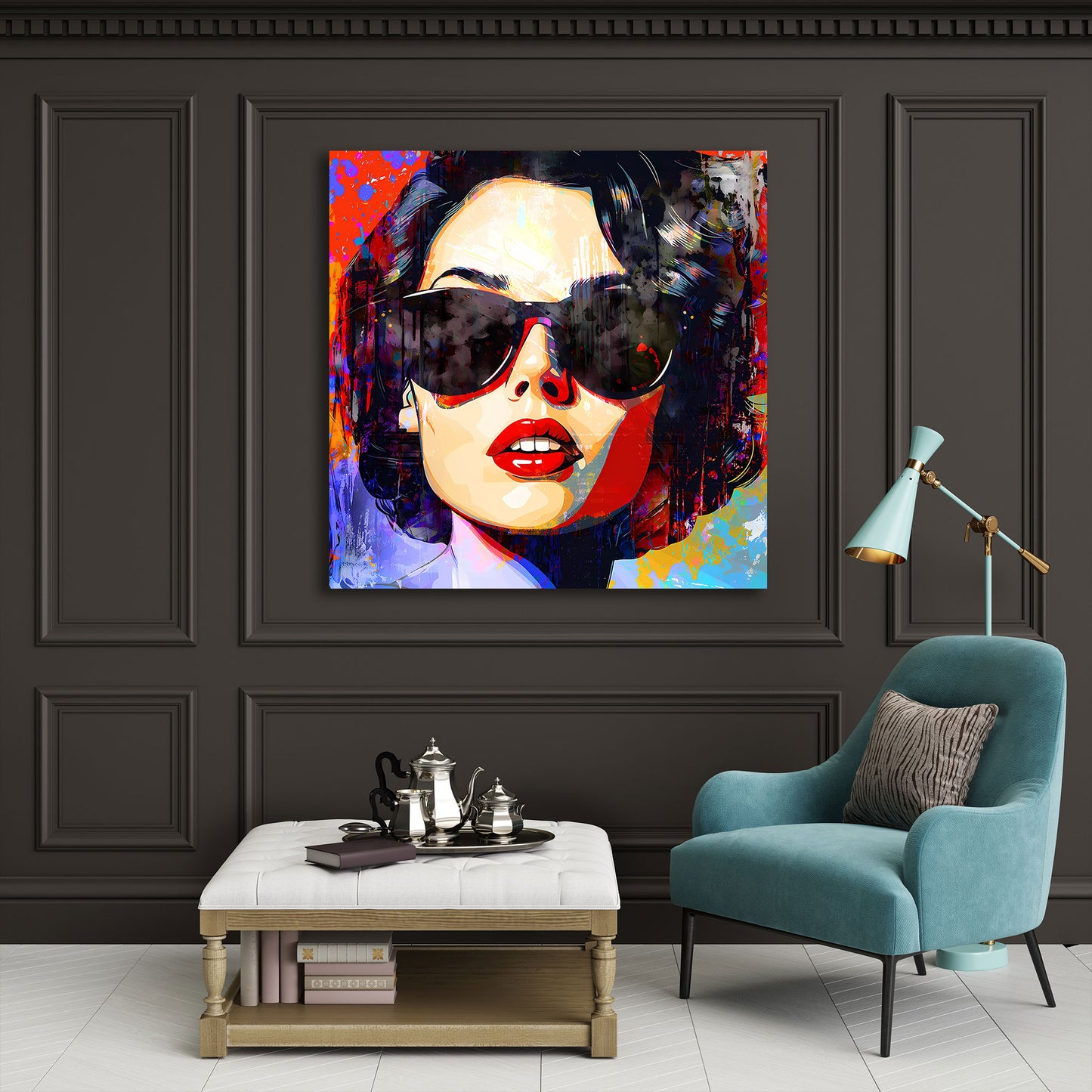 Quadro astratto donna con occhiali da sole stile Pop Art