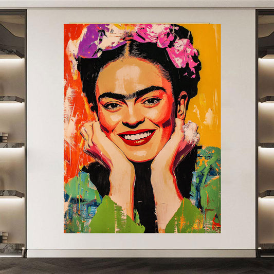 Quadro astratto frida con fiori e sorriso