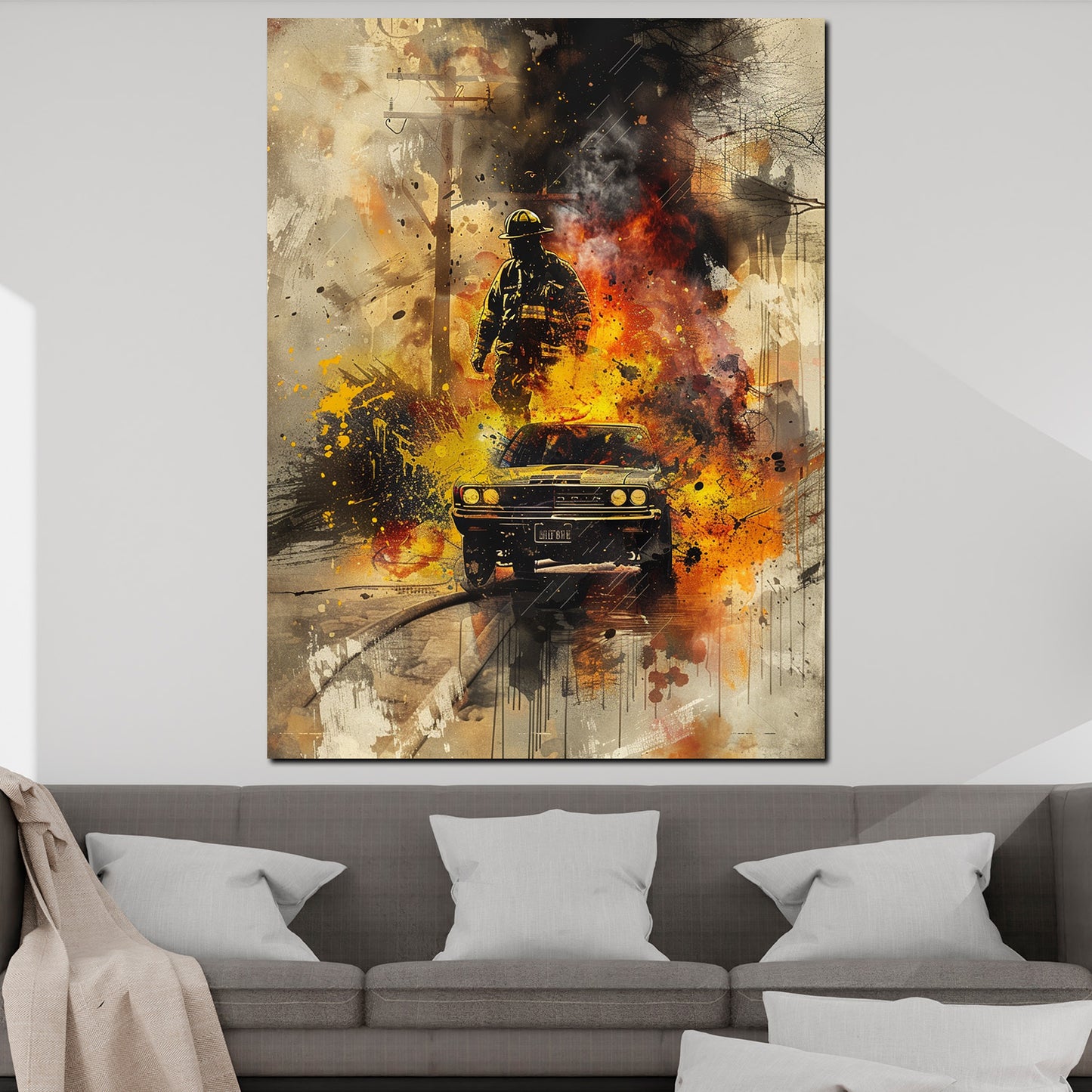 Quadro astratto pompiere con auto in fiamme oldtimer