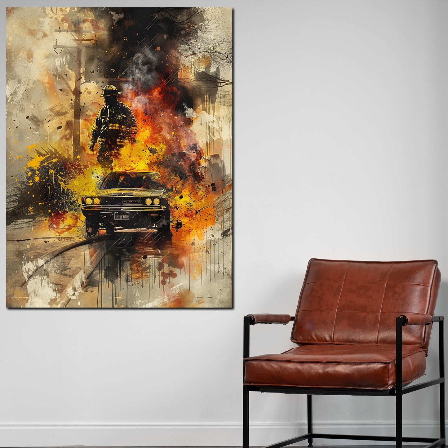 Quadro astratto pompiere con auto in fiamme oldtimer