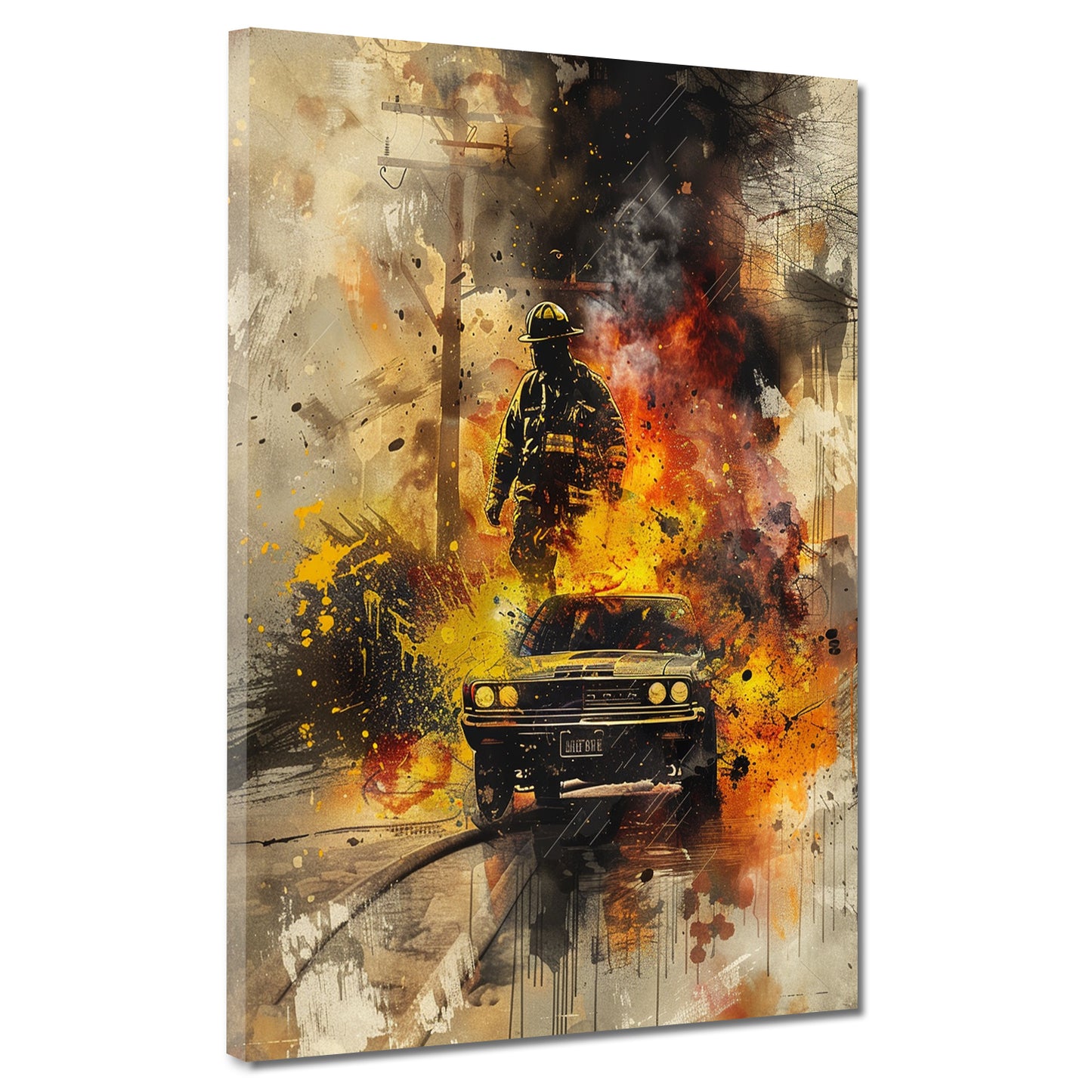 Quadro astratto pompiere con auto in fiamme oldtimer