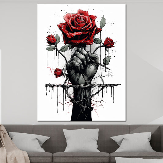 Quadro astratto pugno con rosa rossa