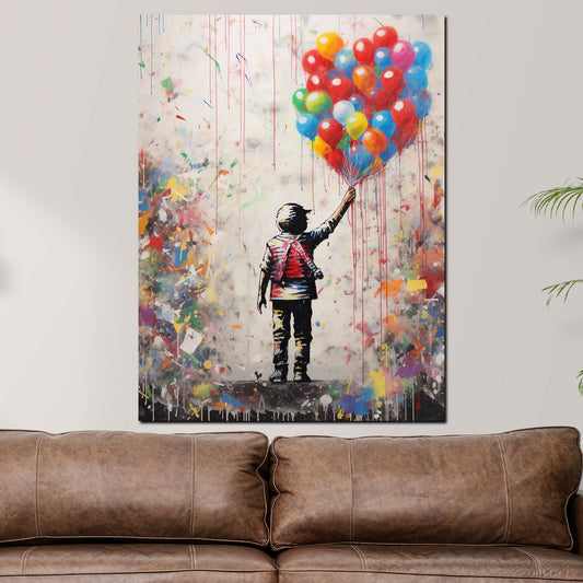 Quadro astratto ragazzo con palloncini colorati