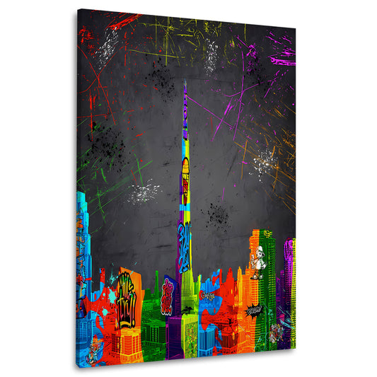 Quadro astratto skyline di Dubai con graffiti e street art