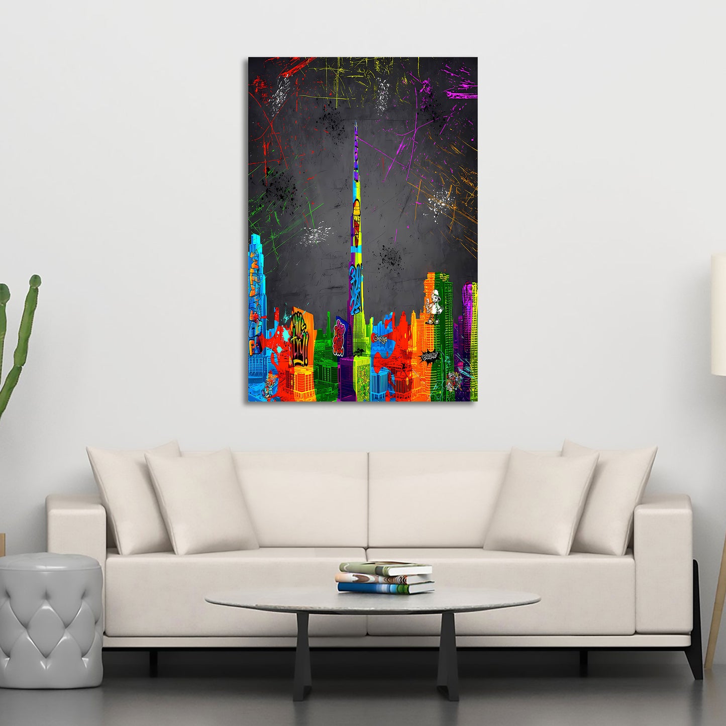 Quadro astratto skyline di Dubai con graffiti e street art