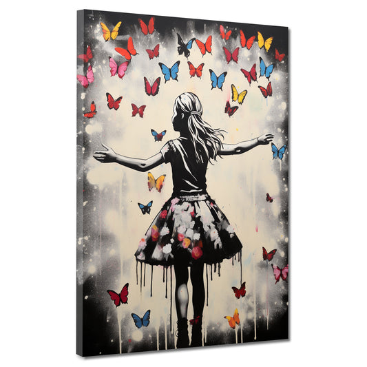 Quadro astratto street art ragazza con farfalle