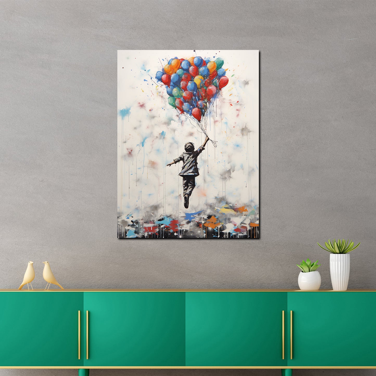 Quadro astratto street art ragazzo con palloncini