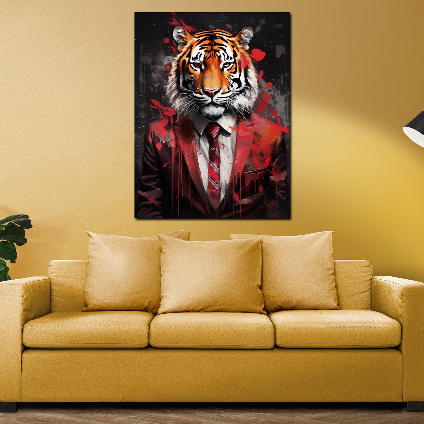 Quadro astratto tigre in abito rosso pop art