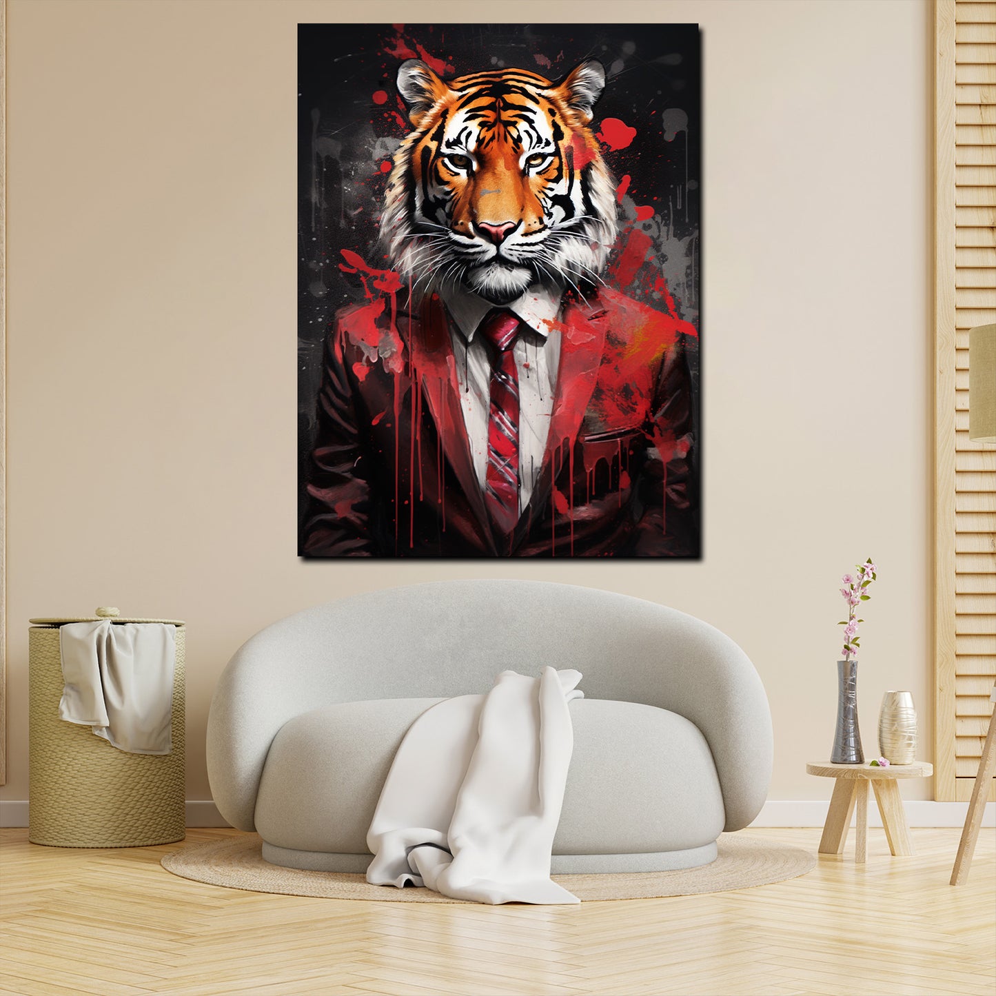 Quadro astratto tigre in abito rosso pop art