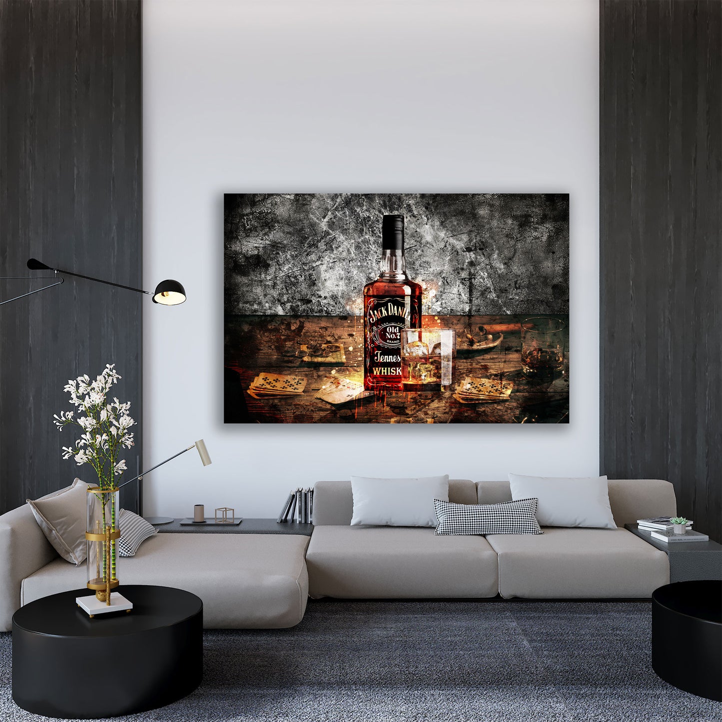 Quadro astratto whisky bottglia e bicchiere Jack