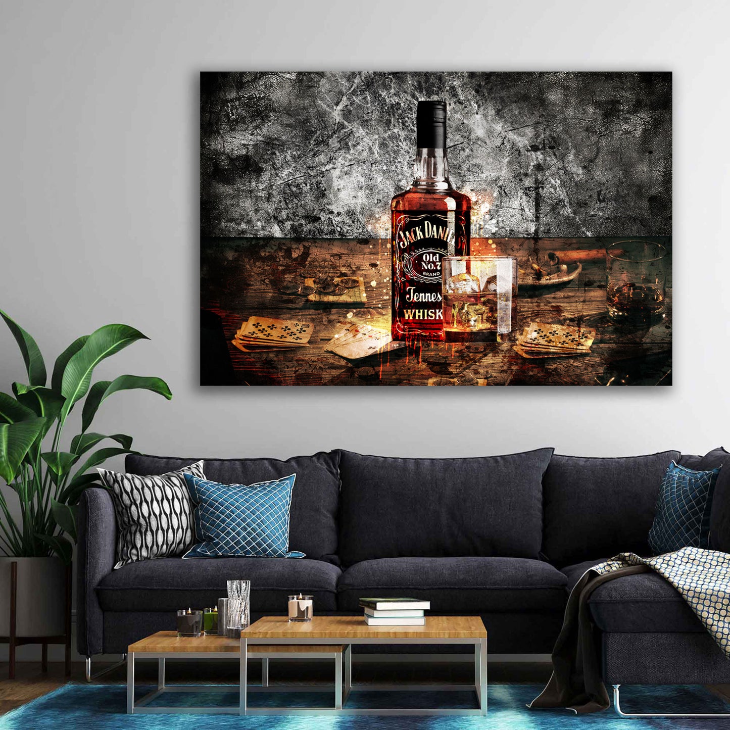 Quadro astratto whisky bottglia e bicchiere Jack