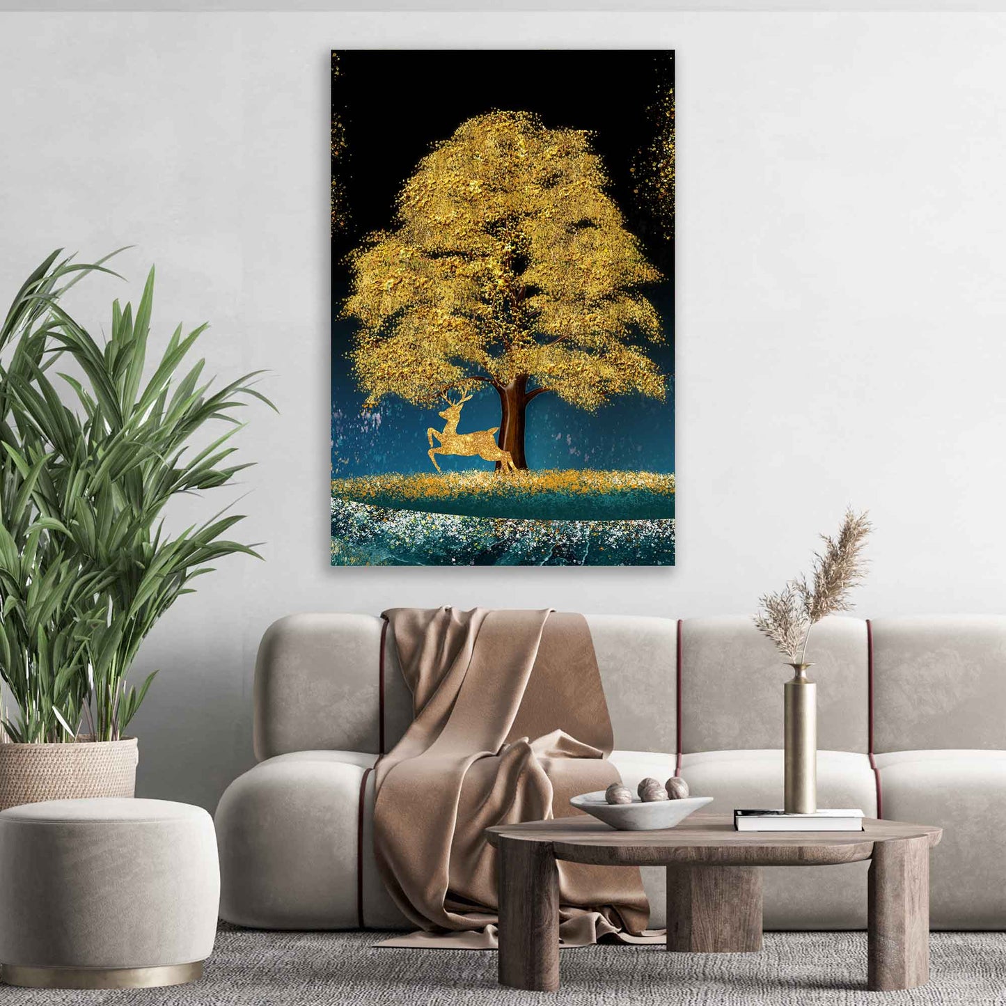 Quadro stampa su tela bellissimo albero con cervo in oro