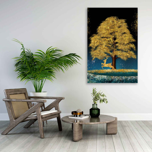 Quadro stampa su tela bellissimo albero con cervo in oro