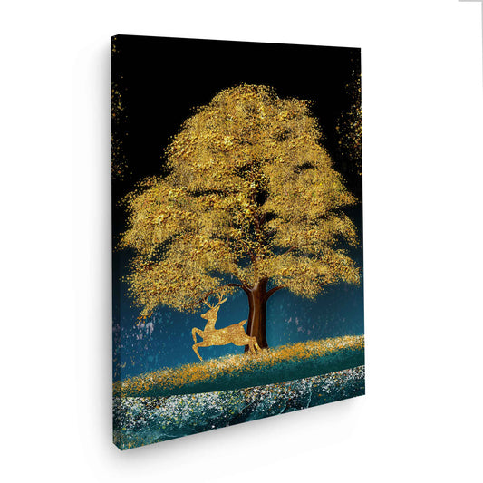 Quadro stampa su tela bellissimo albero con cervo in oro