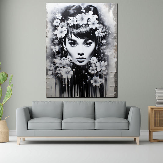 Quadro bianco nero Audrey con fiori