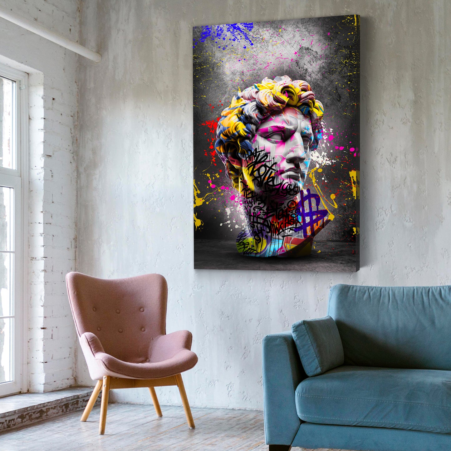 Quadro busto david graffiti con colori vivaci e stile street art