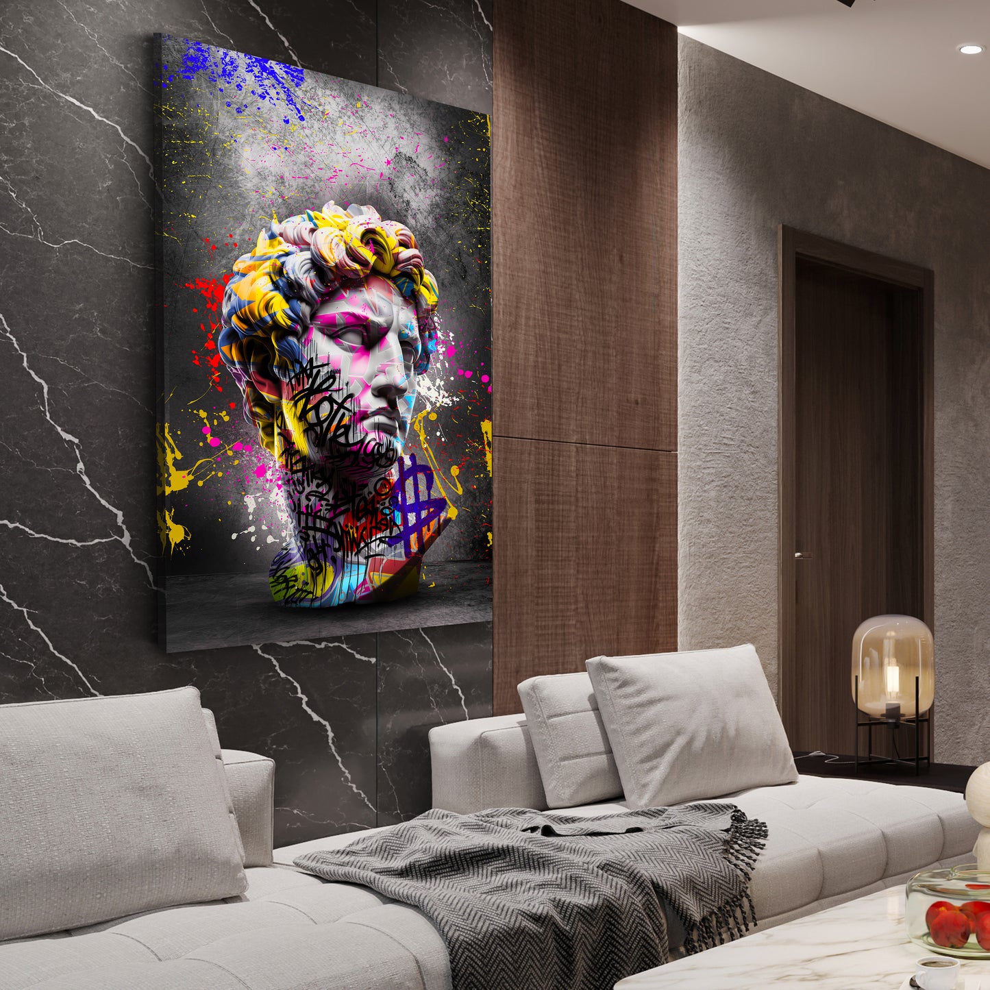 Quadro busto david graffiti con colori vivaci e stile street art