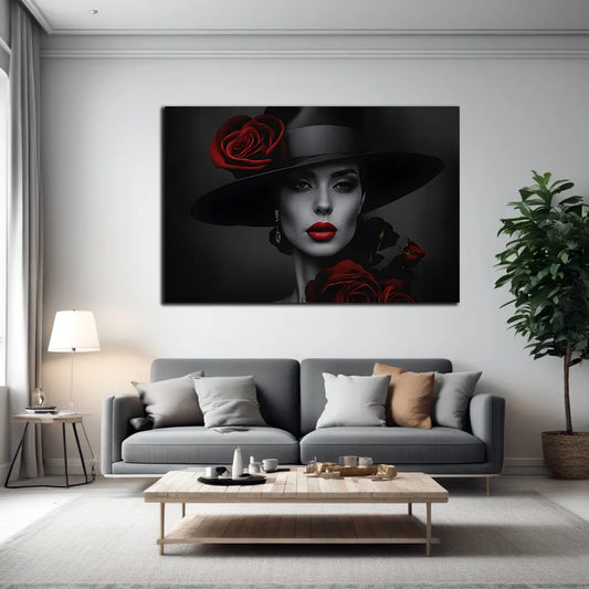 Quadro moderno donna con cappello e fiori rossi