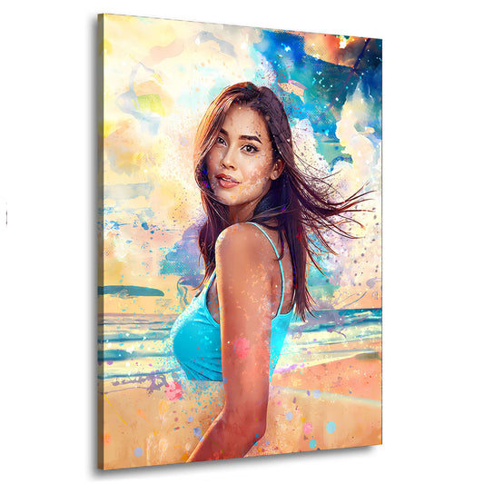 Quadro donna sulla spiaggia con colori estivi